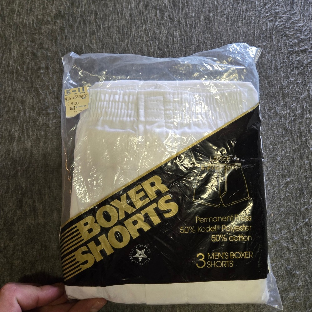 Vintage 80s NOS Stone Manufacturing Boxer Shorts Men Large White 3 Pack USA Made